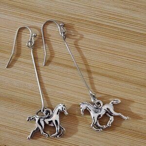 Hand Crafted Pierced Earrings Silver Galloping Horses Silver 2"
